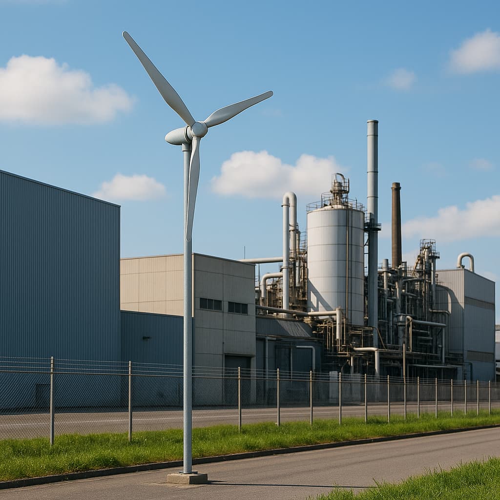 Mini molino de viento eólico delante de una empresa industrial
