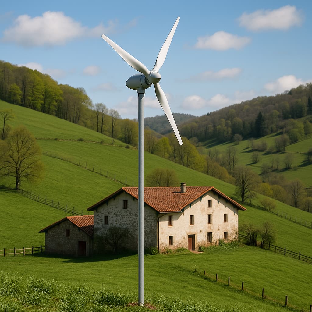 Mini molino de viento eólico en un prado verde delante de una casa de campo