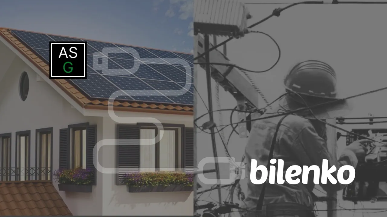 Collage de una casa con placas solares y un operario subido en un poste de la luz. Alianza ASG y bilenko mediante un cable de la luz.