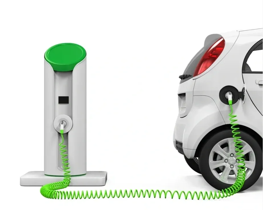 Punto de carga eléctrico, recargar a un vehículo eléctrico blanco.
